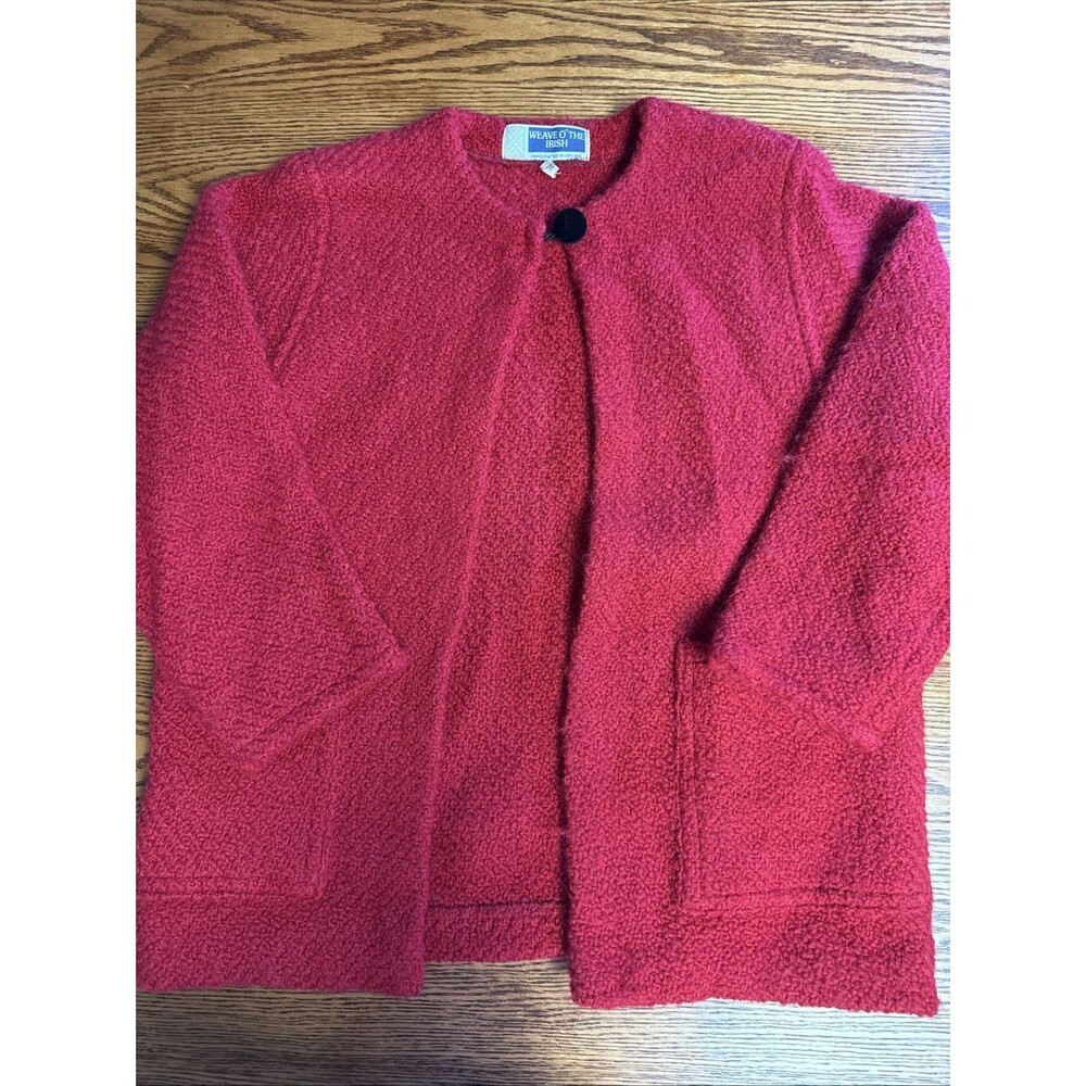 Vintage Weave Of The Irish Red 100% Wool Cardigan Ireland Jacket Sweater Pocket